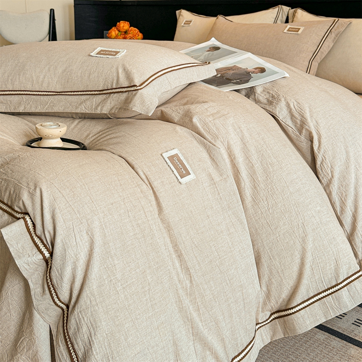 91家纺网 家纺一手货源 找家纺 笙意家纺 2025新款A类全棉棉麻织带款四件套 织带款-卡其