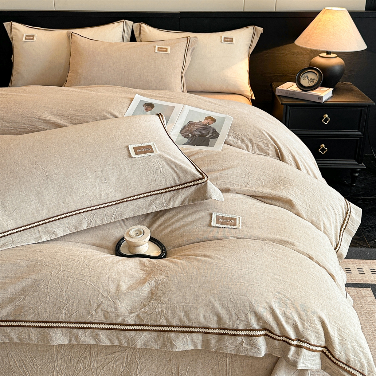 91家纺网 家纺一手货源 找家纺 笙意家纺 2025新款A类全棉棉麻织带款四件套 织带款-卡其