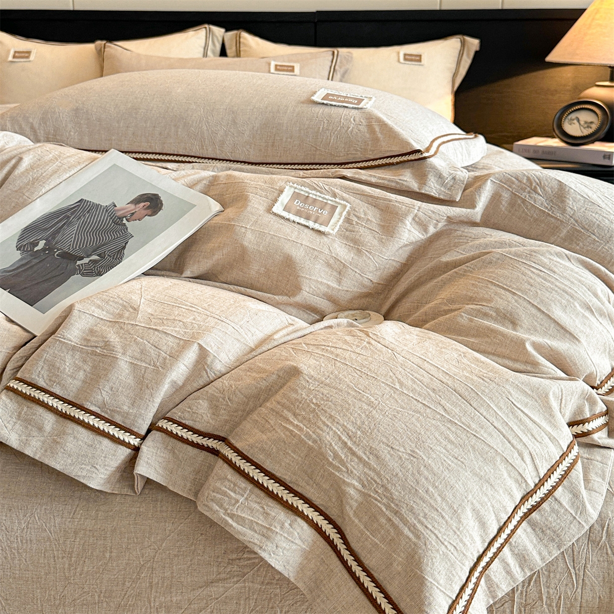 91家纺网 家纺一手货源 找家纺 笙意家纺 2025新款A类全棉棉麻织带款四件套 织带款-卡其