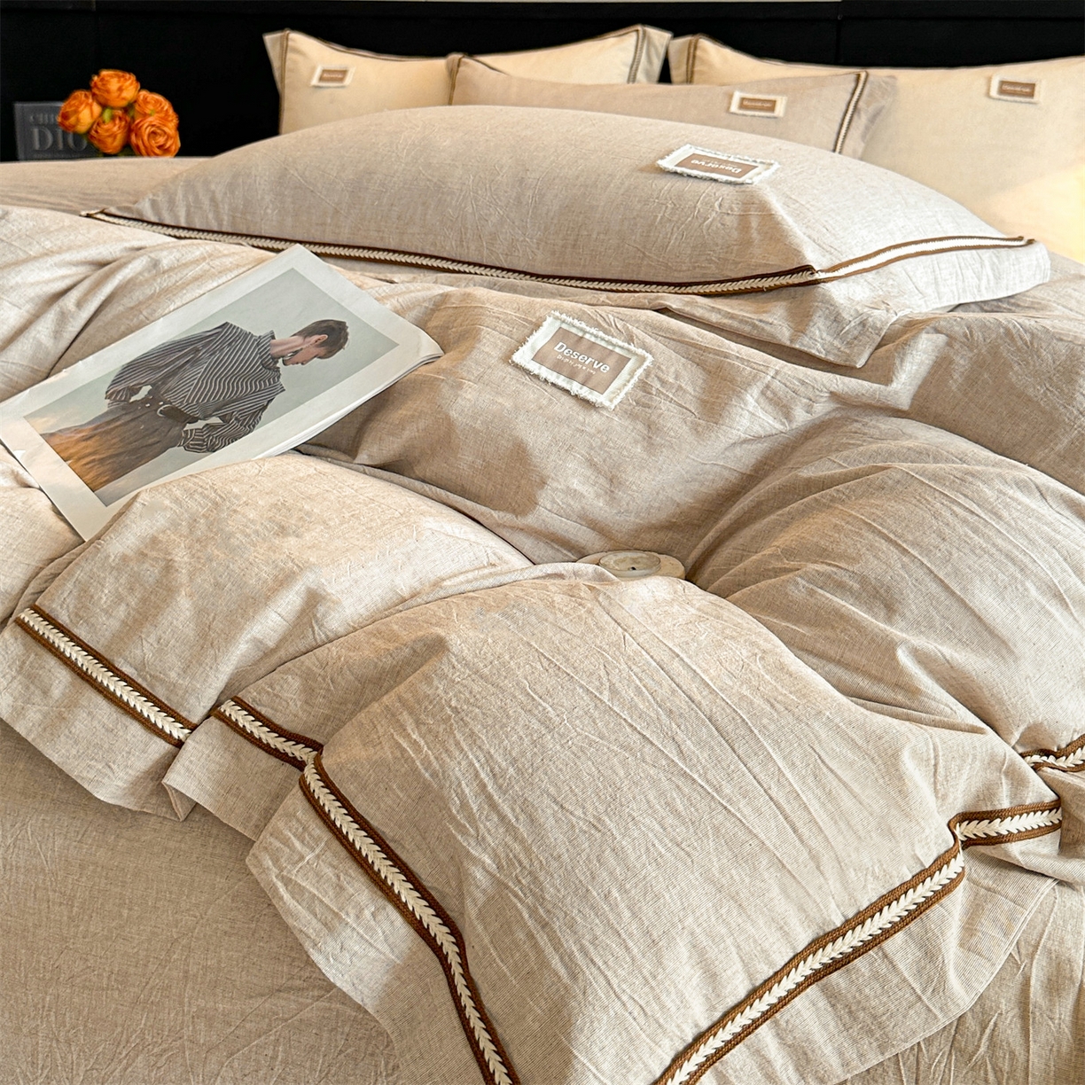 91家纺网 家纺一手货源 找家纺 笙意家纺 2025新款A类全棉棉麻织带款四件套 织带款-卡其