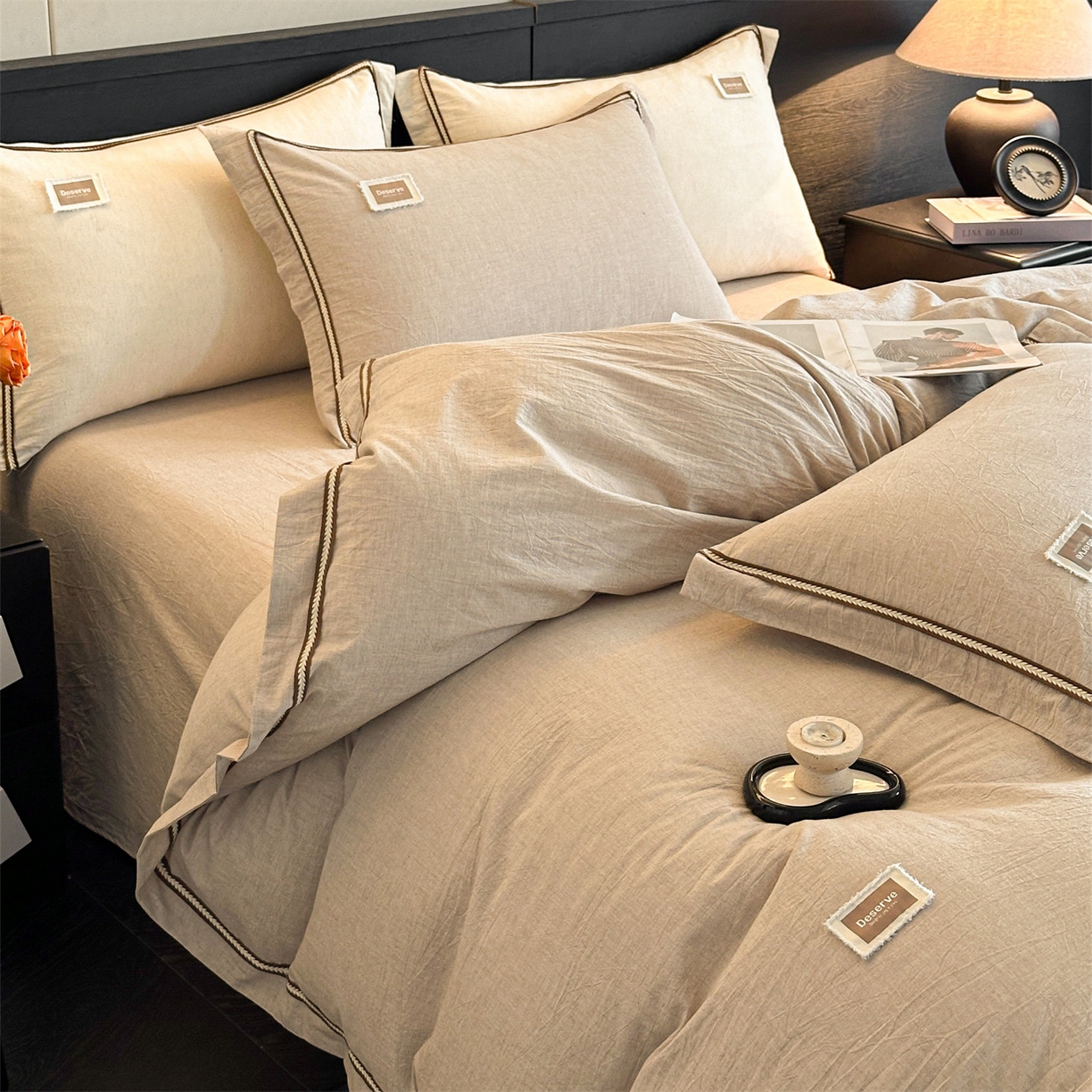 91家纺网 家纺一手货源 找家纺 笙意家纺 2025新款A类全棉棉麻织带款四件套 织带款-卡其