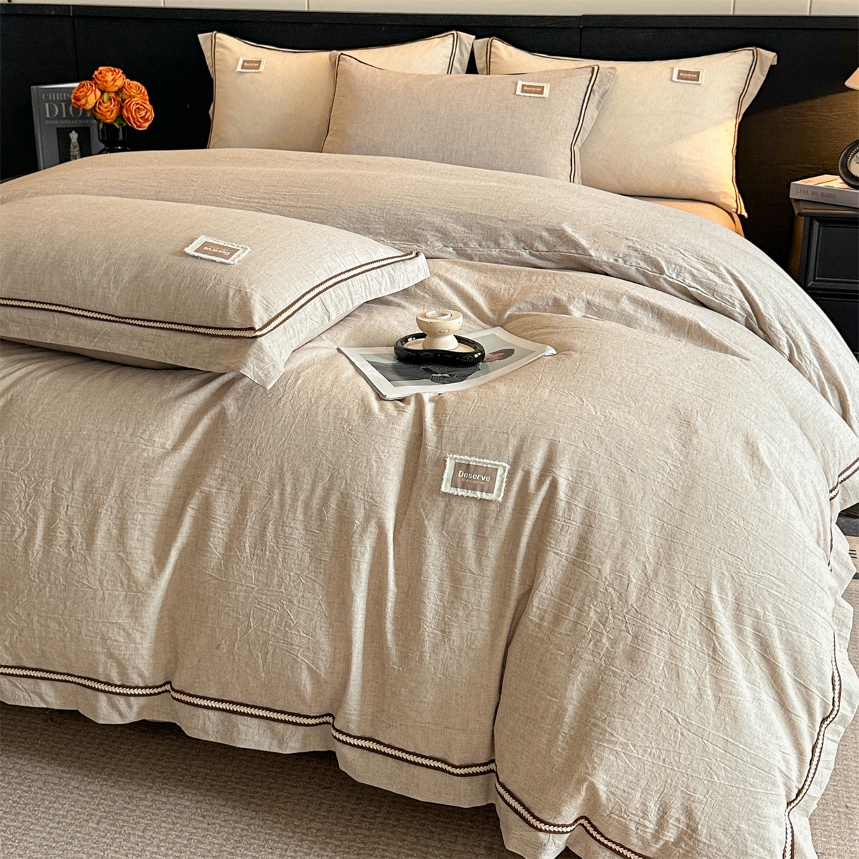 91家纺网 家纺一手货源 找家纺 笙意家纺 2025新款A类全棉棉麻织带款四件套 织带款-卡其