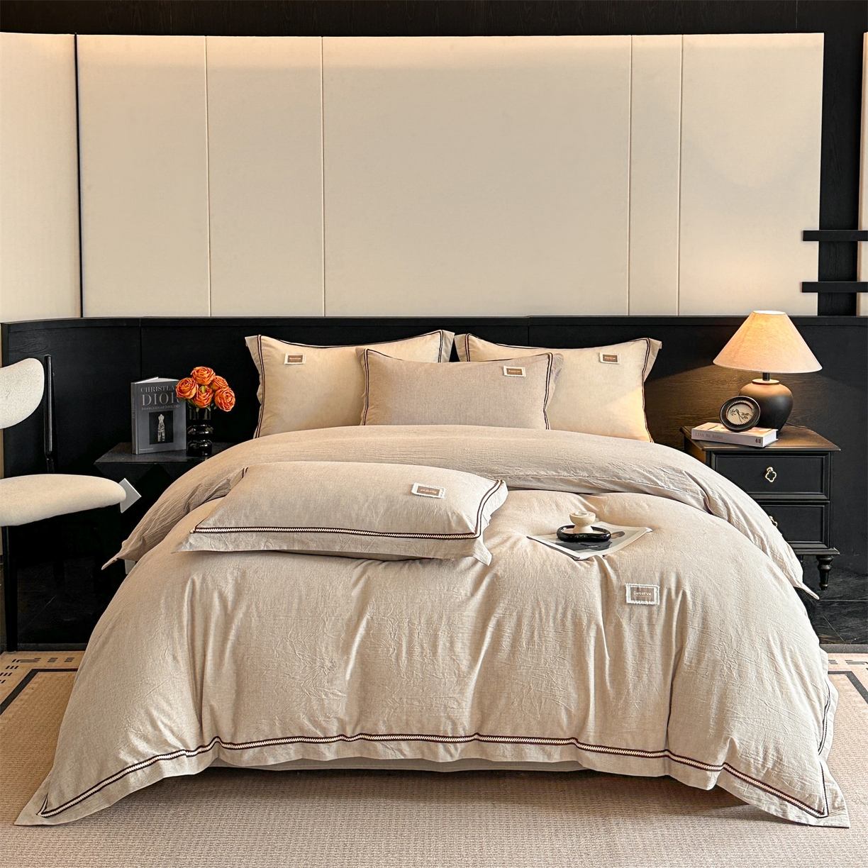 91家纺网 家纺一手货源 找家纺 笙意家纺 2025新款A类全棉棉麻织带款四件套 织带款-卡其