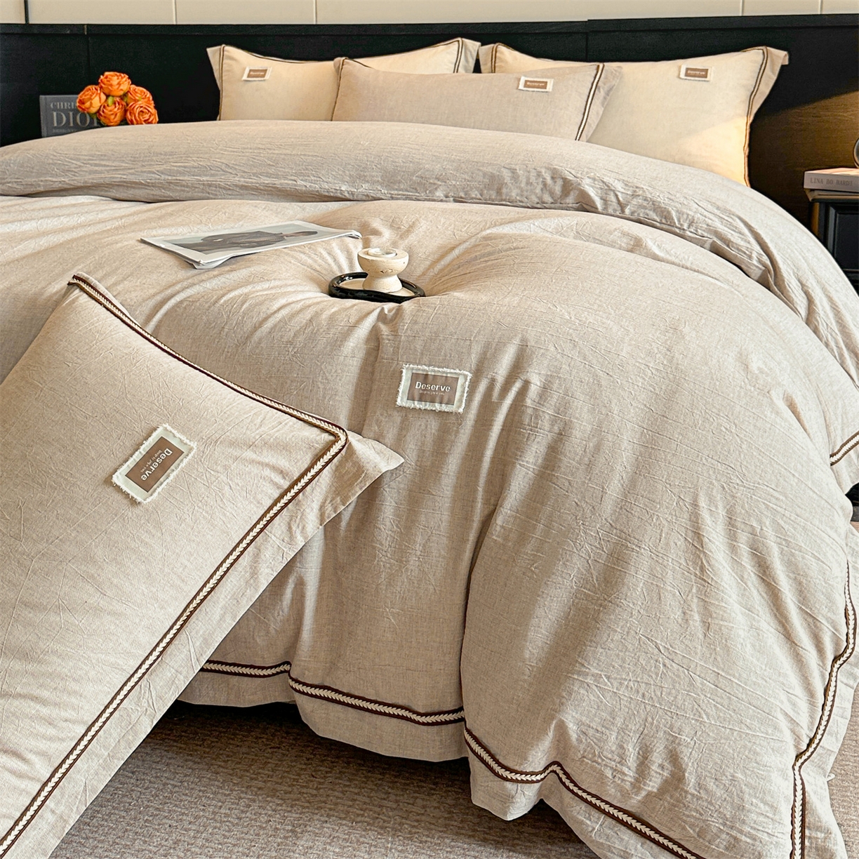 91家纺网 家纺一手货源 找家纺 笙意家纺 2025新款A类全棉棉麻织带款四件套 织带款-卡其