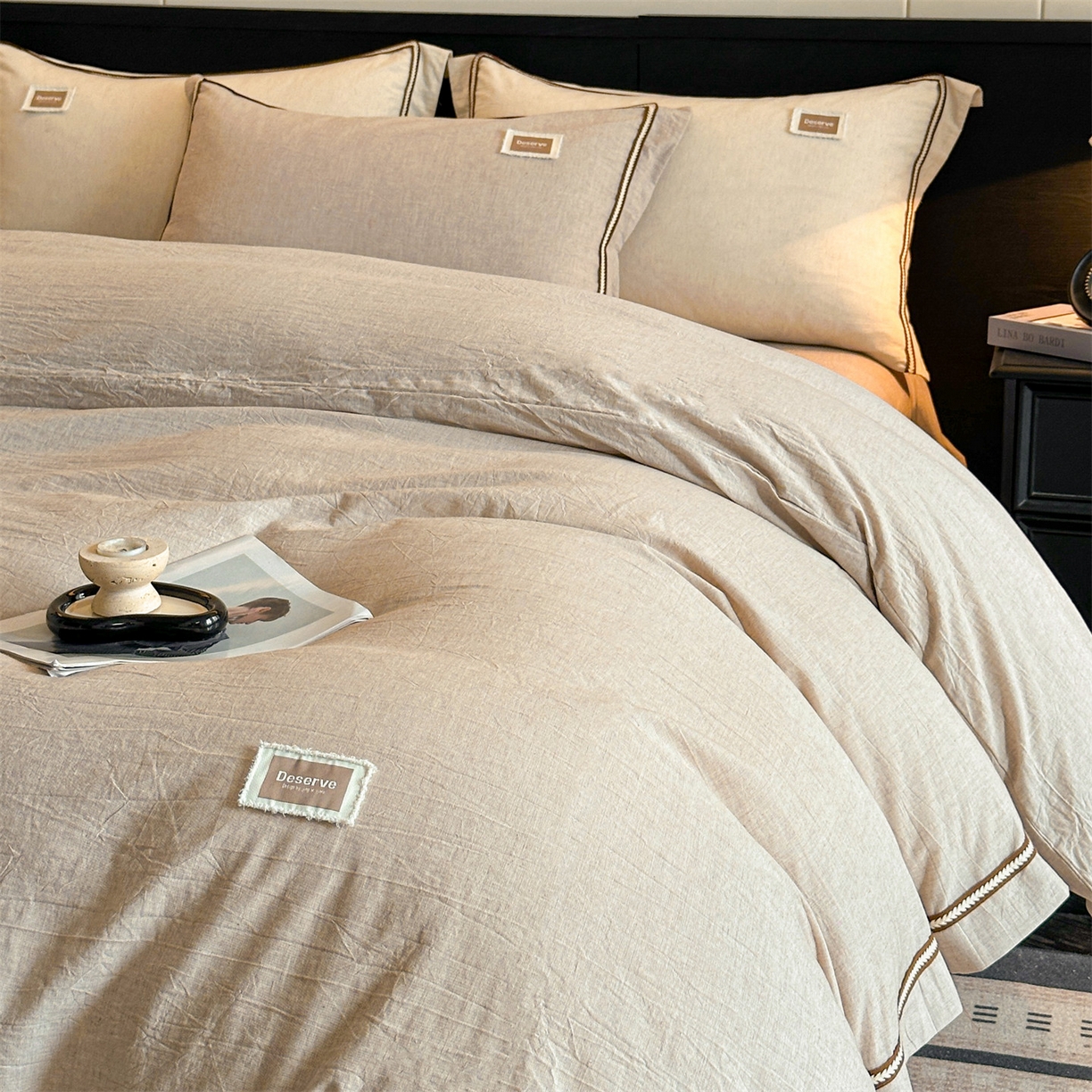 91家纺网 家纺一手货源 找家纺 笙意家纺 2025新款A类全棉棉麻织带款四件套 织带款-卡其