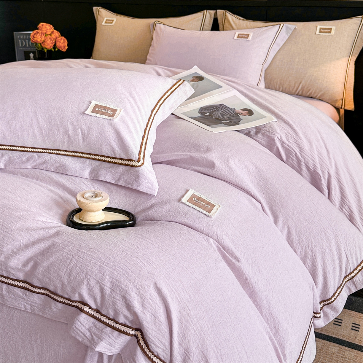 笙意家纺 2025新款A类全棉棉麻织带款四件套 织带款-浅紫