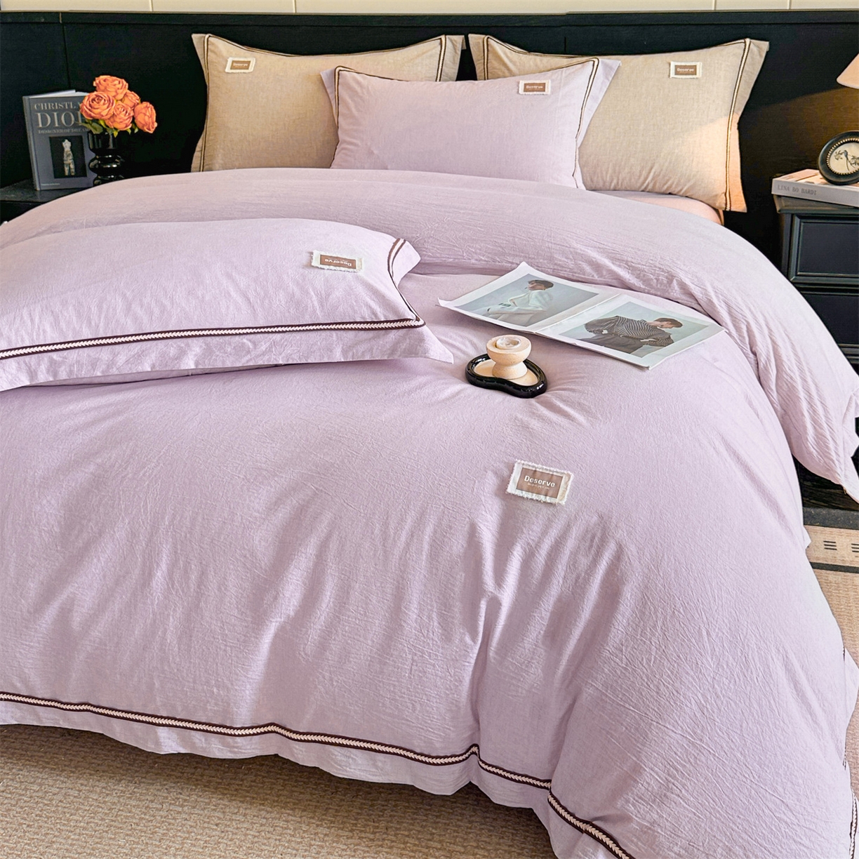 91家纺网 家纺一手货源 找家纺 笙意家纺 2025新款A类全棉棉麻织带款四件套 织带款-浅紫