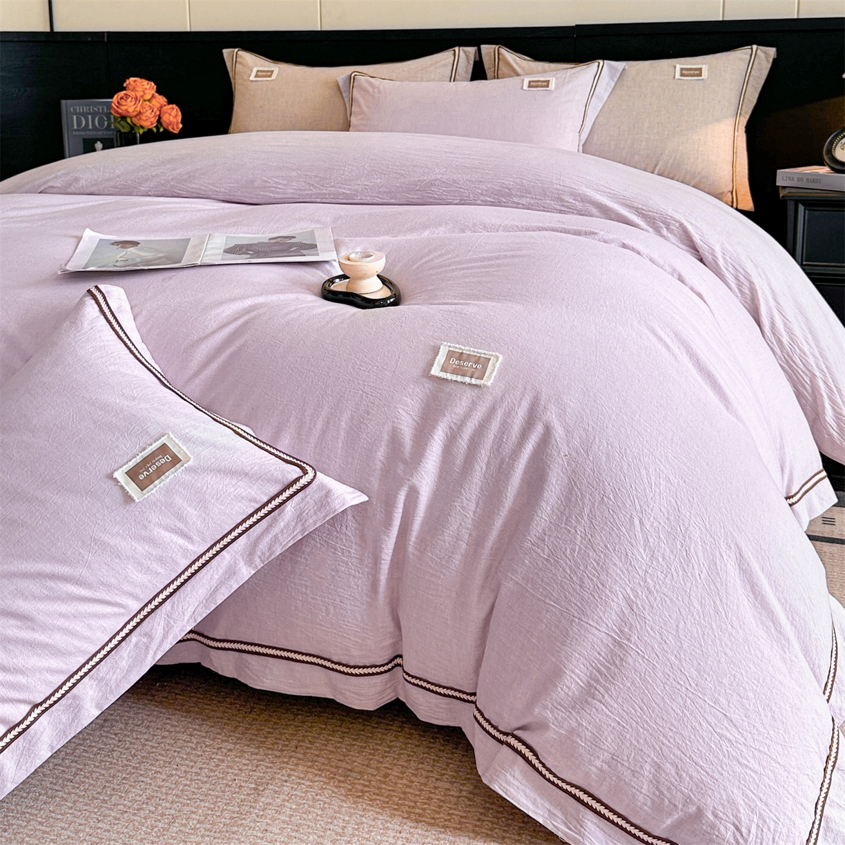 91家纺网 家纺一手货源 找家纺 笙意家纺 2025新款A类全棉棉麻织带款四件套 织带款-浅紫