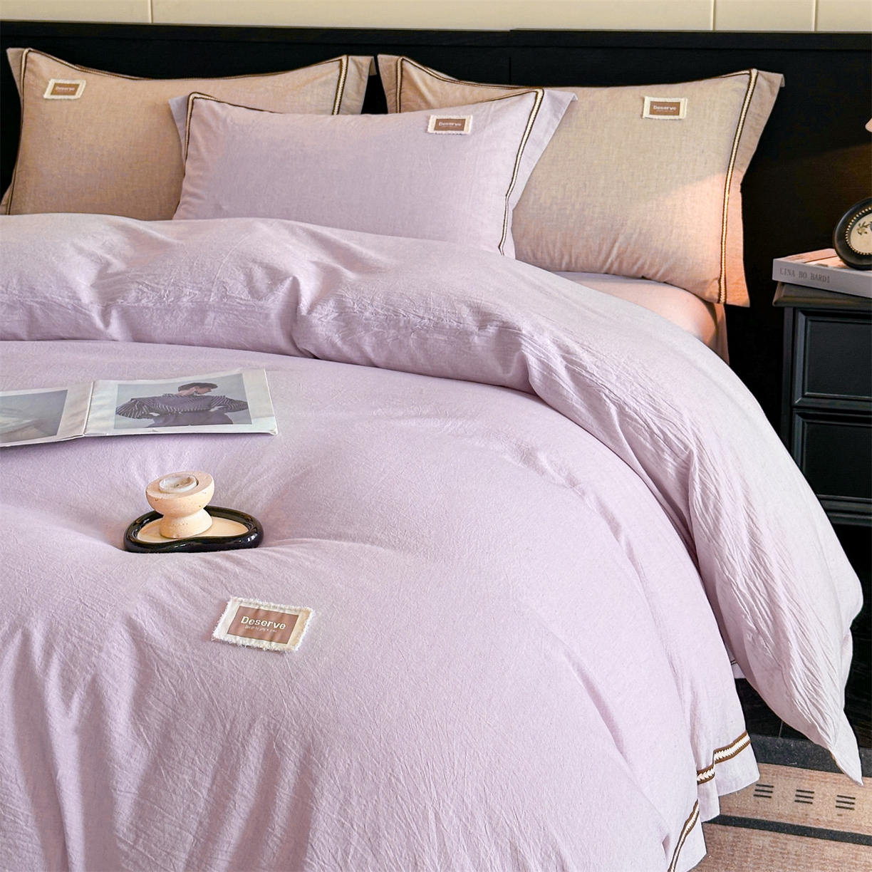 91家纺网 家纺一手货源 找家纺 笙意家纺 2025新款A类全棉棉麻织带款四件套 织带款-浅紫