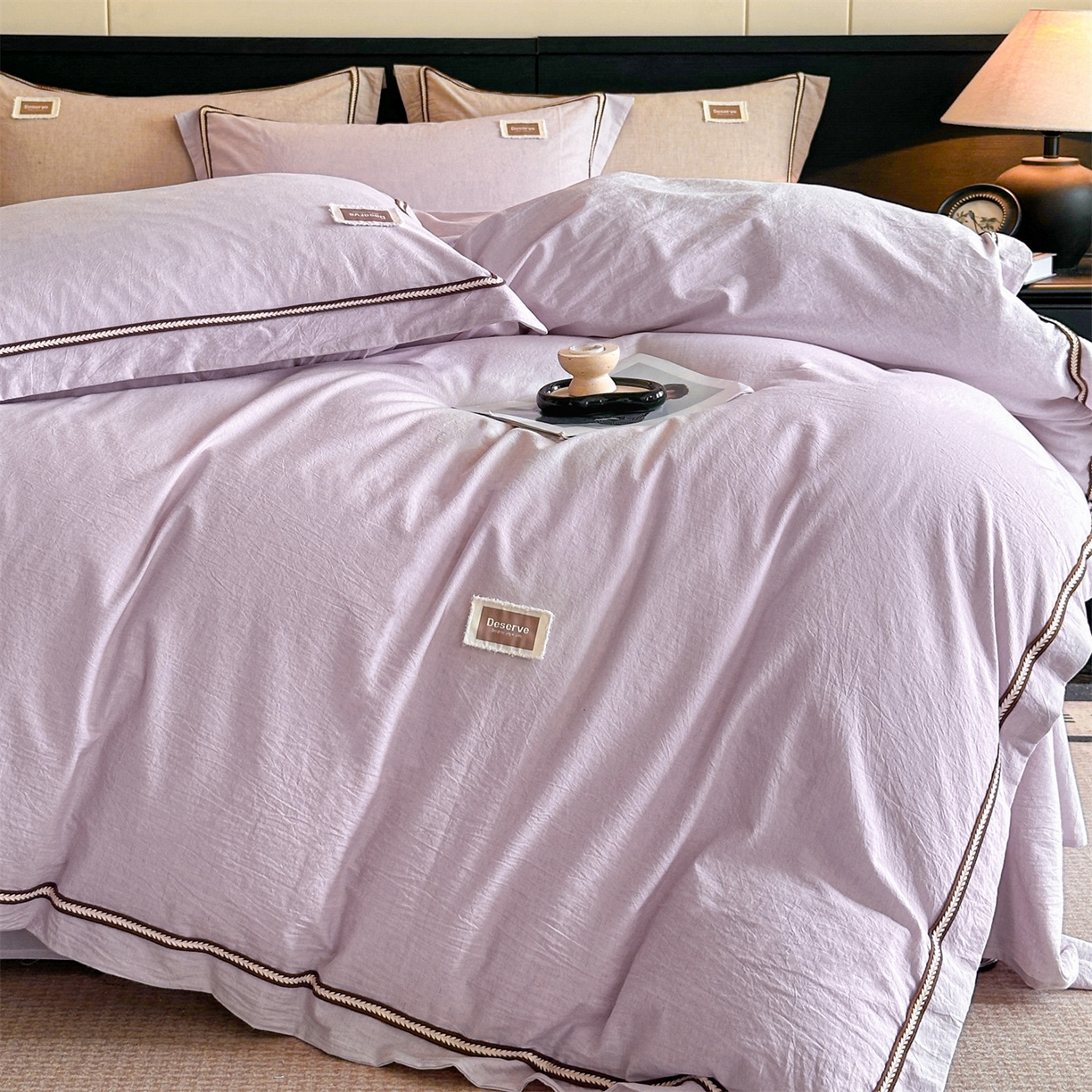 91家纺网 家纺一手货源 找家纺 笙意家纺 2025新款A类全棉棉麻织带款四件套 织带款-浅紫