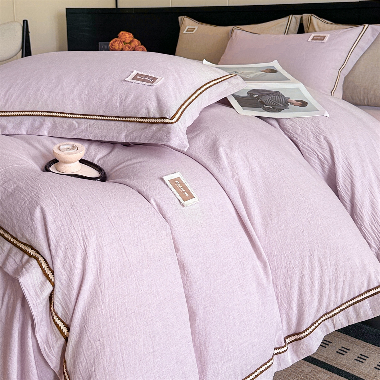 91家纺网 家纺一手货源 找家纺 笙意家纺 2025新款A类全棉棉麻织带款四件套 织带款-浅紫