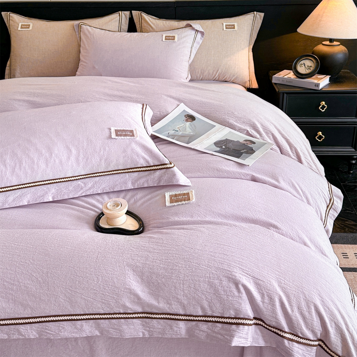 91家纺网 家纺一手货源 找家纺 笙意家纺 2025新款A类全棉棉麻织带款四件套 织带款-浅紫