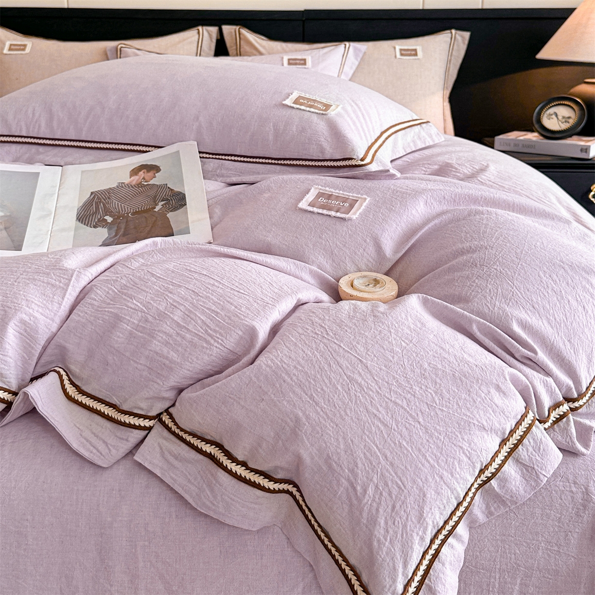 91家纺网 家纺一手货源 找家纺 笙意家纺 2025新款A类全棉棉麻织带款四件套 织带款-浅紫