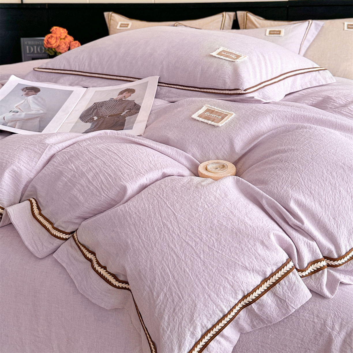 91家纺网 家纺一手货源 找家纺 笙意家纺 2025新款A类全棉棉麻织带款四件套 织带款-浅紫