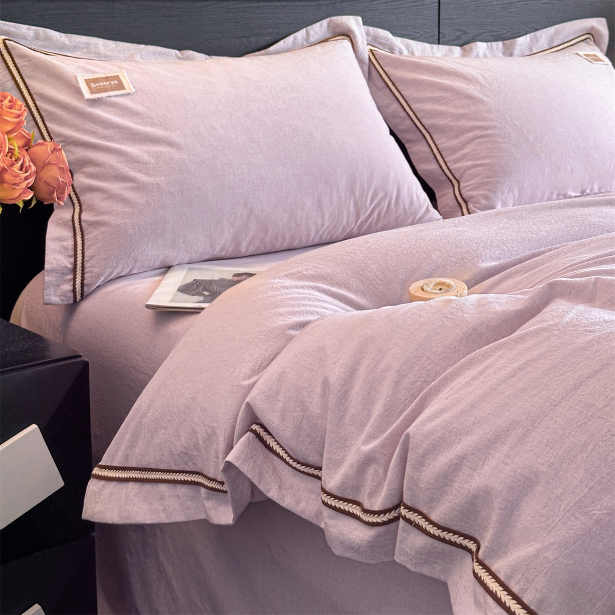 91家纺网 家纺一手货源 找家纺 笙意家纺 2025新款A类全棉棉麻织带款四件套 织带款-浅紫