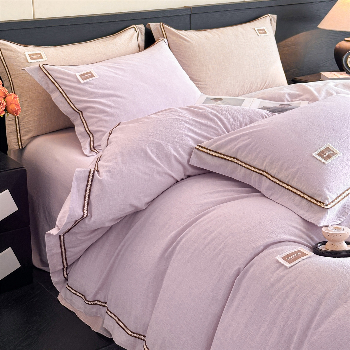 91家纺网 家纺一手货源 找家纺 笙意家纺 2025新款A类全棉棉麻织带款四件套 织带款-浅紫