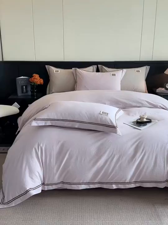 91家纺网 家纺一手货源 找家纺 笙意家纺 2025新款A类全棉棉麻织带款四件套 织带款-浅紫