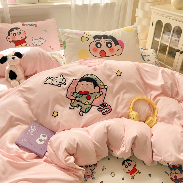 91家纺网 家纺一手货源 找家纺 （总）三元色 2025新款云朵棉毛巾绣小新系列四件套