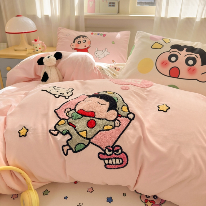 91家纺网 家纺一手货源 找家纺 （总）三元色 2025新款云朵棉毛巾绣小新系列四件套