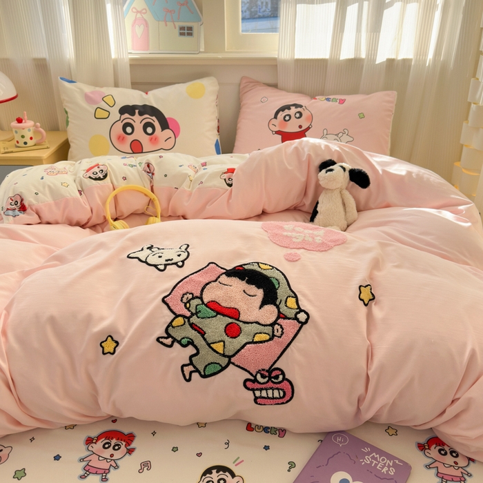 91家纺网 家纺一手货源 找家纺 （总）三元色 2025新款云朵棉毛巾绣小新系列四件套