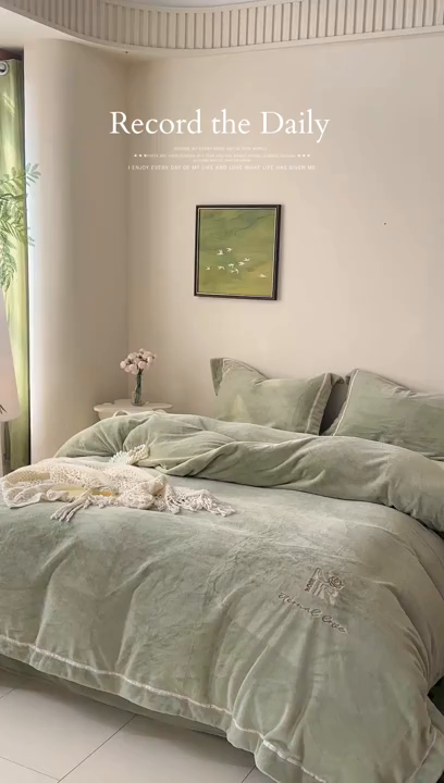 91家纺网 家纺一手货源 找家纺 佑先生 2025新款高克重加厚仿兔毛绒四件套 兔毛绒加厚四件套-苍霞绿