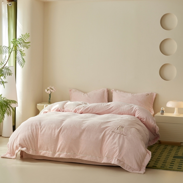 91家纺网 家纺一手货源 找家纺 佑先生 2025新款高克重加厚仿兔毛绒四件套 兔毛绒加厚四件套-桃夭粉