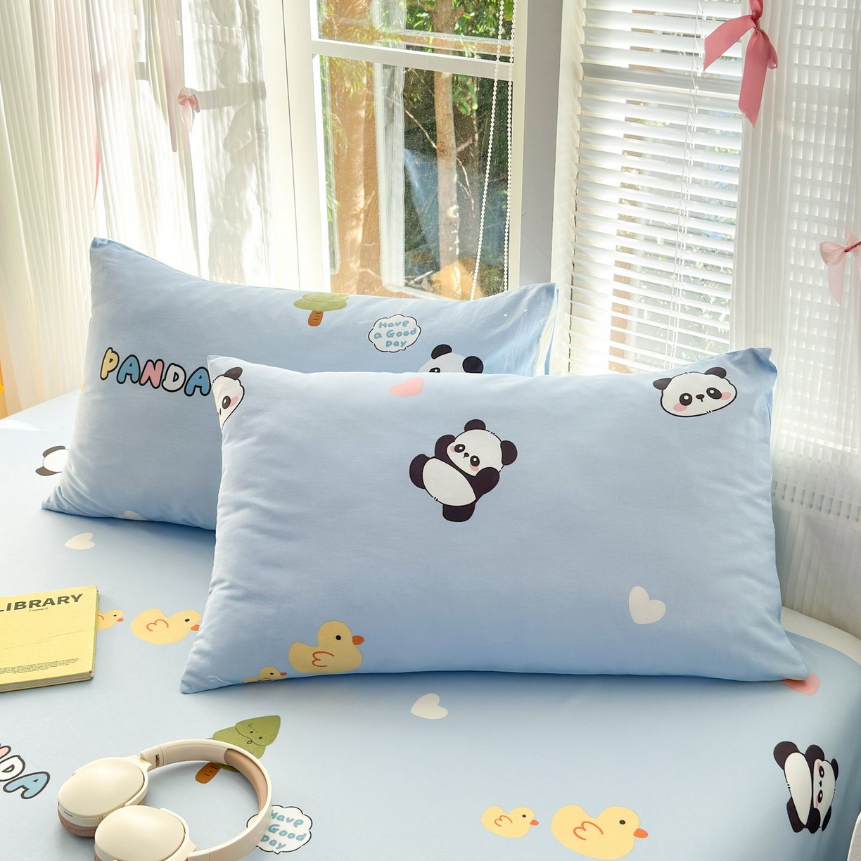 清雅福 2025新款全棉柔软印花单枕套系列 熊猫鸭鸭乐-兰