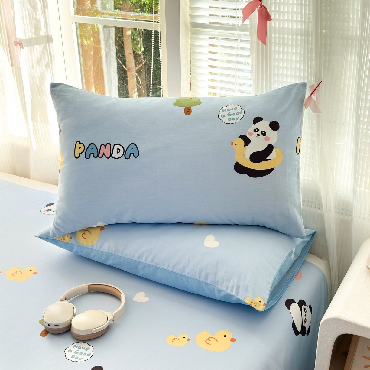 91家纺网 家纺一手货源 找家纺 清雅福 2025新款全棉柔软印花单枕套系列 熊猫鸭鸭乐-兰