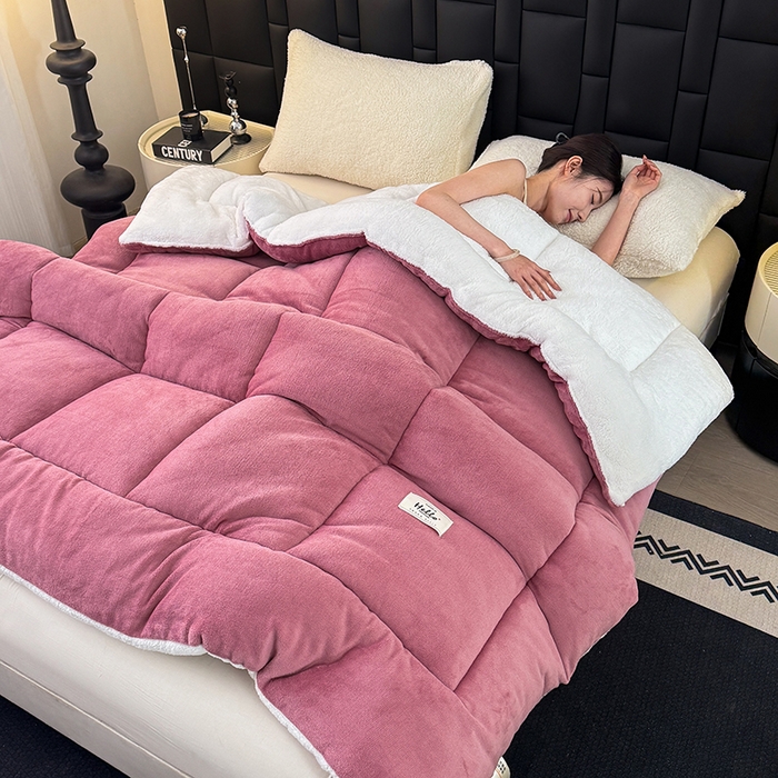 91家纺网 家纺一手货源 找家纺 天瑜家纺 2026新款180克牛奶绒羊羔绒冬被外贸被子电商跨境冬被被子被芯 豆沙白