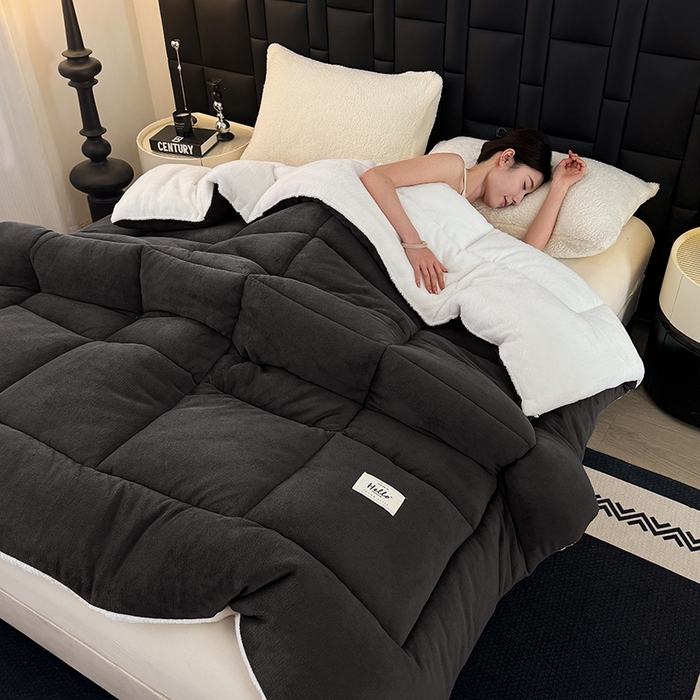 91家纺网 家纺一手货源 找家纺 天瑜家纺 2026新款180克牛奶绒羊羔绒冬被外贸被子电商跨境冬被被子被芯 深灰白