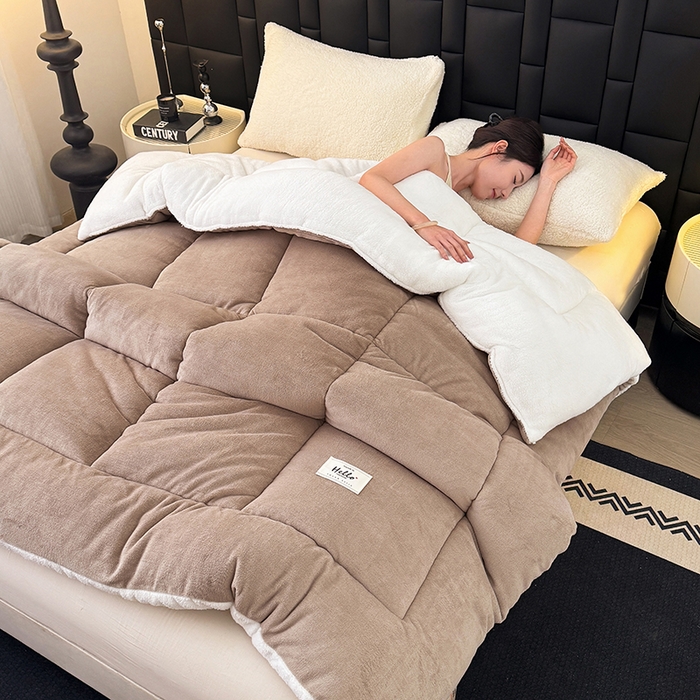 91家纺网 家纺一手货源 找家纺 天瑜家纺 2026新款180克牛奶绒羊羔绒冬被外贸被子电商跨境冬被被子被芯 浅驼白