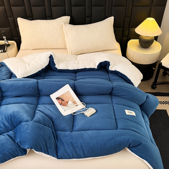 91家纺网 家纺一手货源 找家纺 天瑜家纺 2026新款180克牛奶绒羊羔绒冬被外贸被子电商跨境冬被被子被芯 蓝白