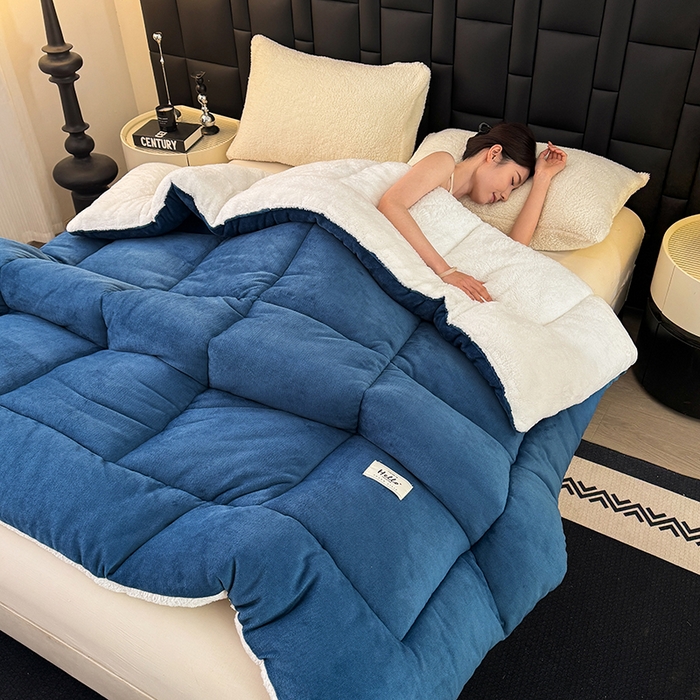 91家纺网 家纺一手货源 找家纺 天瑜家纺 2026新款180克牛奶绒羊羔绒冬被外贸被子电商跨境冬被被子被芯 蓝白