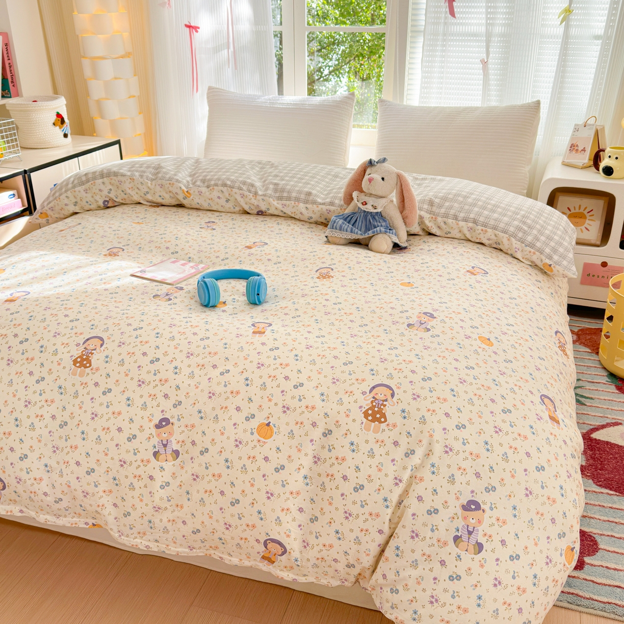 91家纺网 家纺一手货源 找家纺 清雅福 2025新款全棉柔软印花系列单被套 碎花兔熊