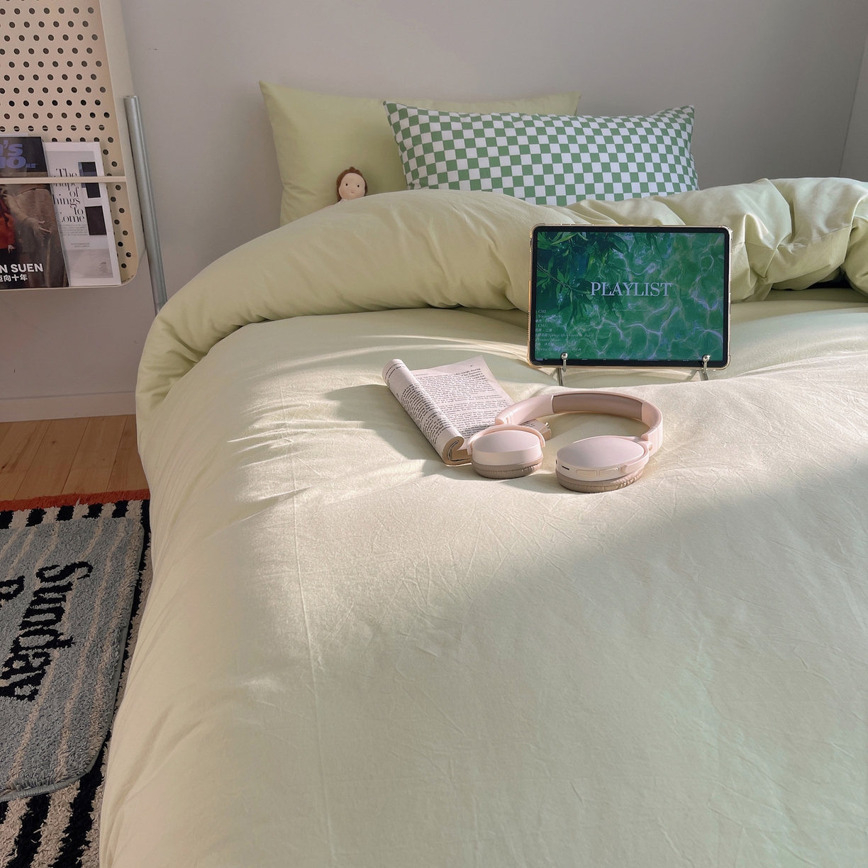 91家纺网 家纺一手货源 找家纺 三朵家纺 2026新款ins风全棉纯色双拼水洗棉四件套极简风系列 流光奶绿