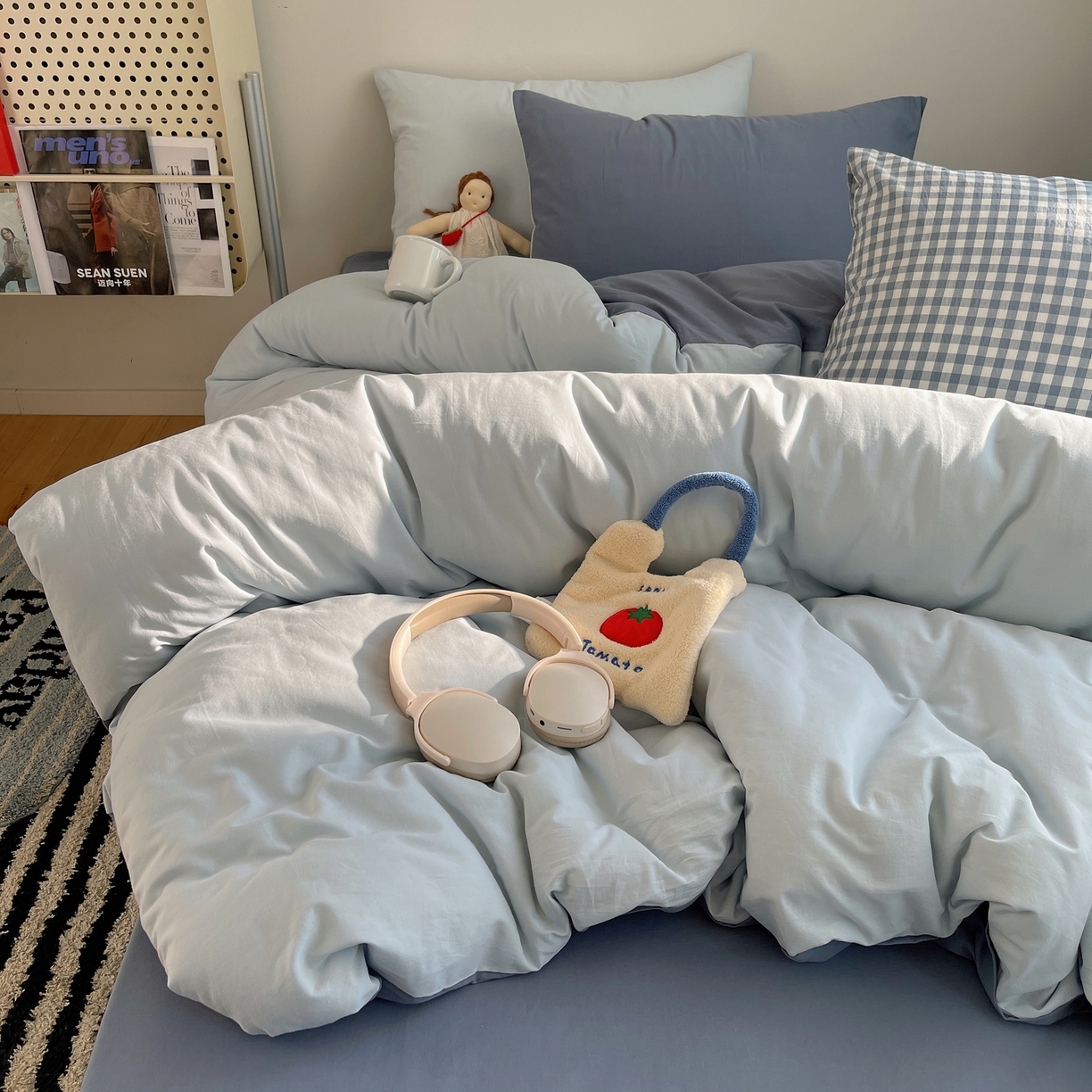 三朵家纺 2026新款ins风全棉纯色双拼水洗棉四件套极简风系列 蓝韵雾纱