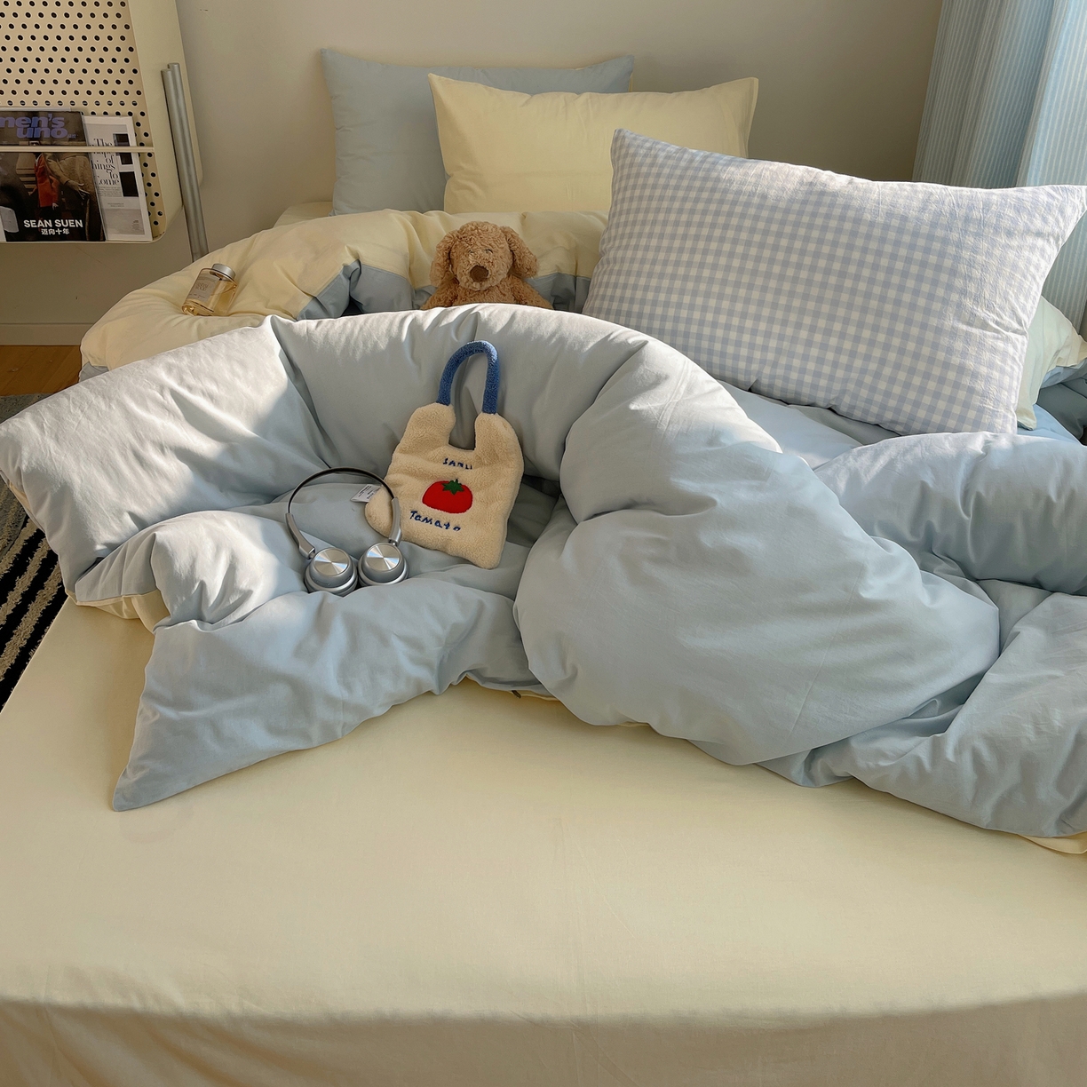 91家纺网 家纺一手货源 找家纺 三朵家纺 2026新款ins风全棉纯色双拼水洗棉四件套极简风系列 浅蓝芝士