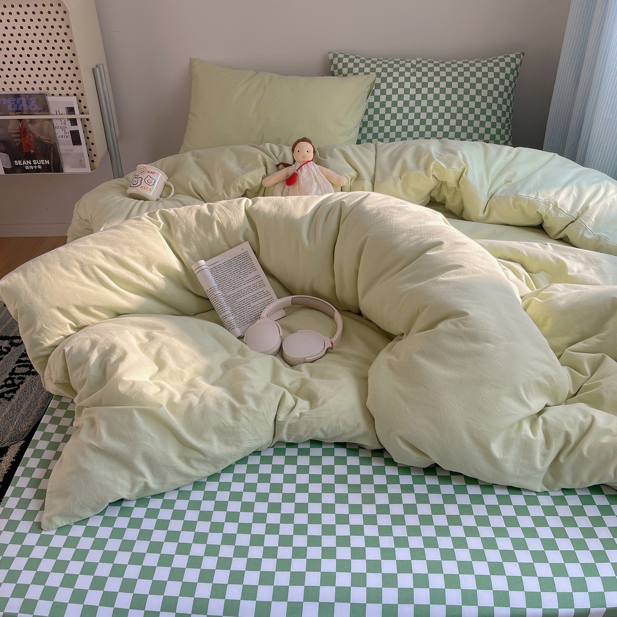 91家纺网 家纺一手货源 找家纺 三朵家纺 2026新款ins风全棉纯色双拼水洗棉四件套极简风系列 流光奶绿