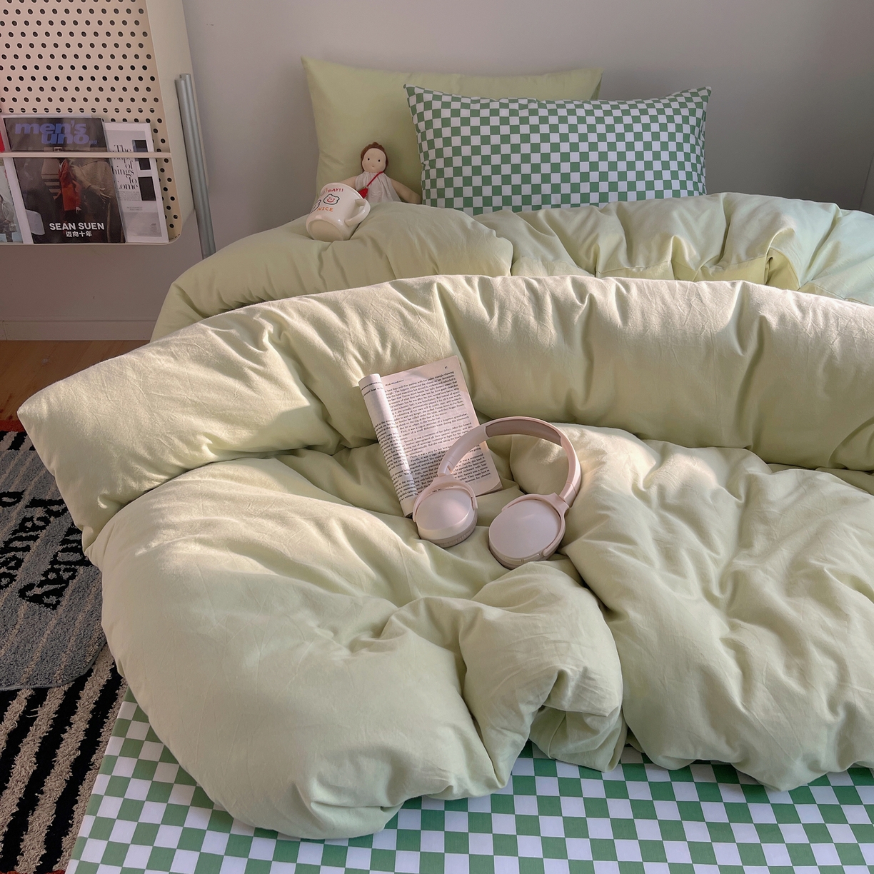 三朵家纺 2026新款ins风全棉纯色双拼水洗棉四件套极简风系列 流光奶绿