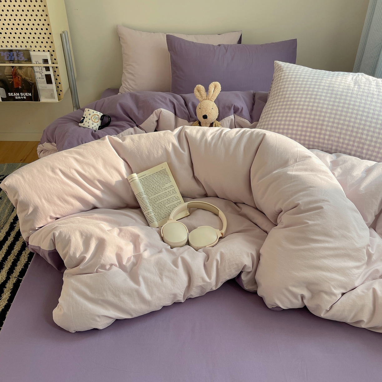 91家纺网 家纺一手货源 找家纺 三朵家纺 2026新款ins风全棉纯色双拼水洗棉四件套极简风系列 香芋奶昔