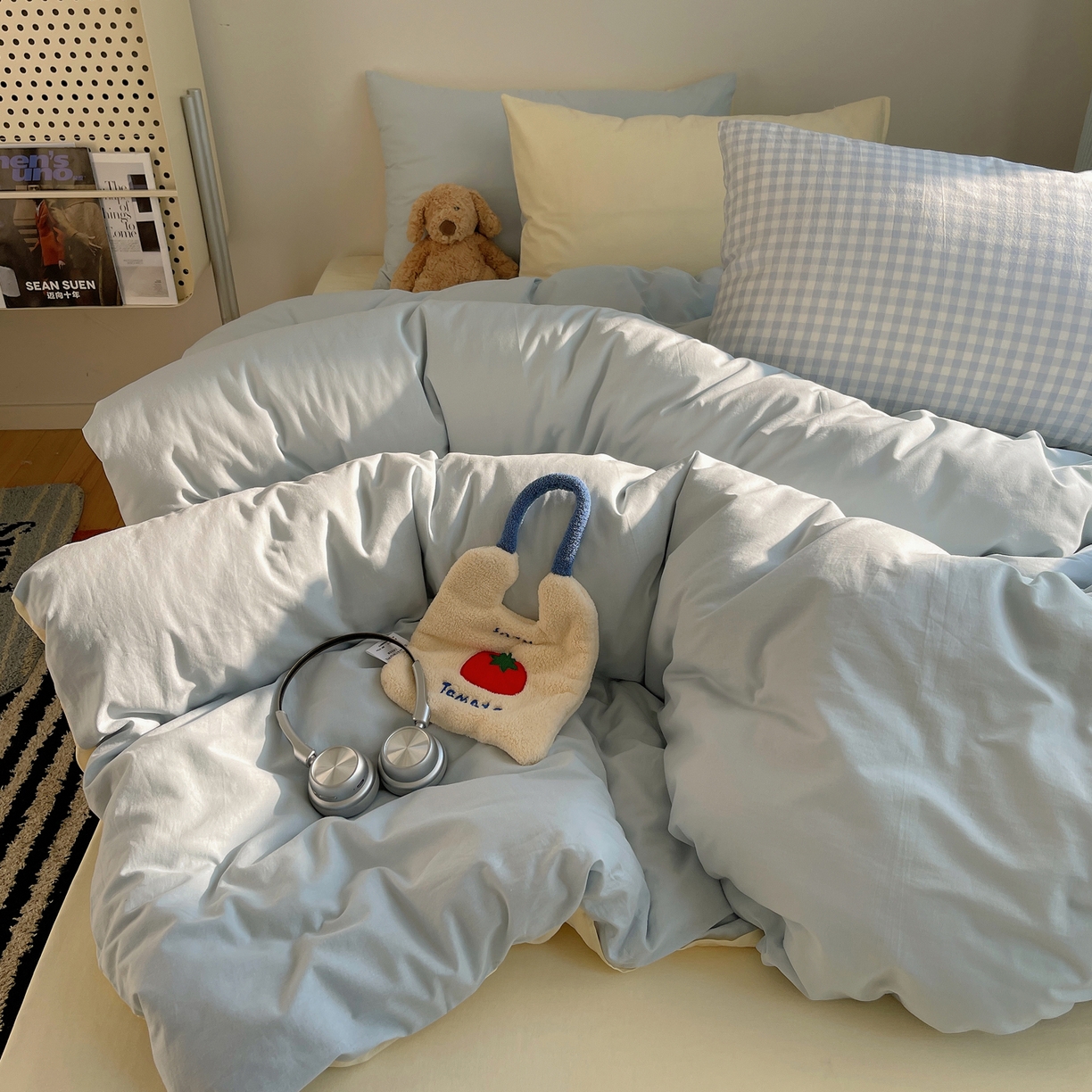 三朵家纺 2026新款ins风全棉纯色双拼水洗棉四件套极简风系列 浅蓝芝士