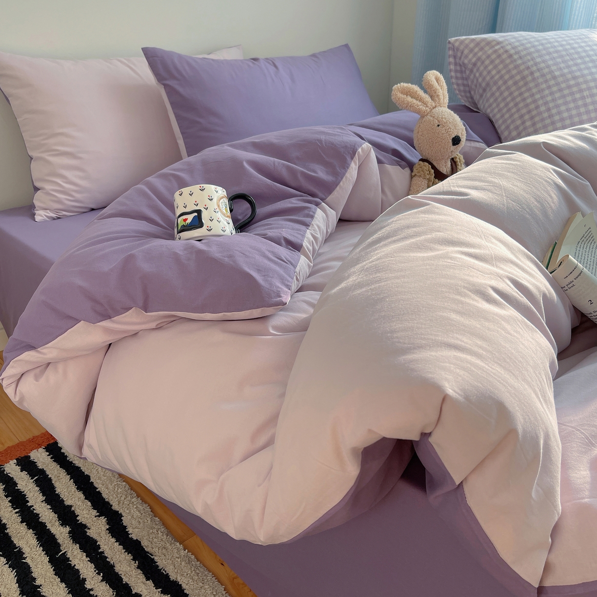 91家纺网 家纺一手货源 找家纺 三朵家纺 2026新款ins风全棉纯色双拼水洗棉四件套极简风系列 香芋奶昔