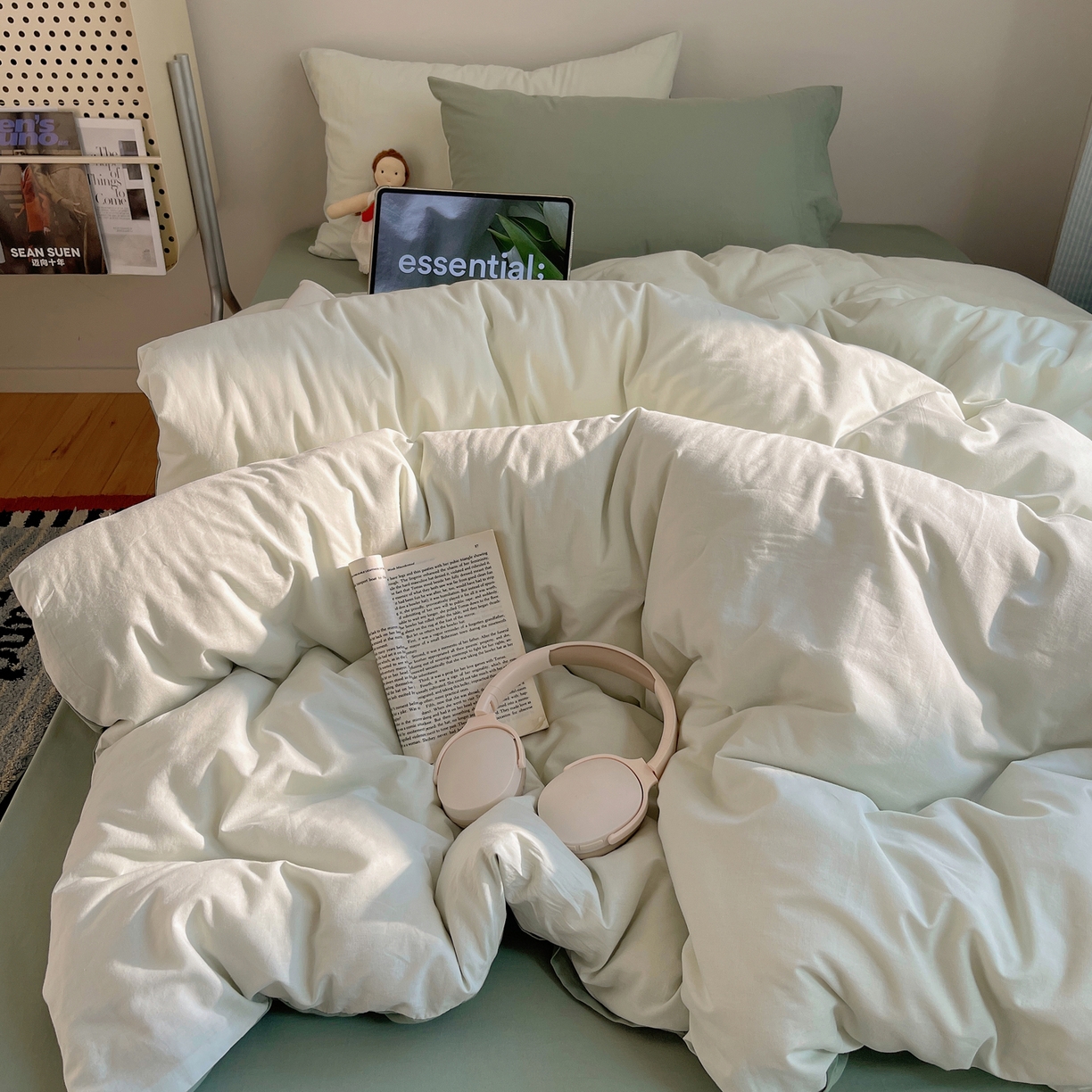 91家纺网 家纺一手货源 找家纺 （总）三朵家纺 2026新款ins风全棉纯色双拼水洗棉四件套极简风系列