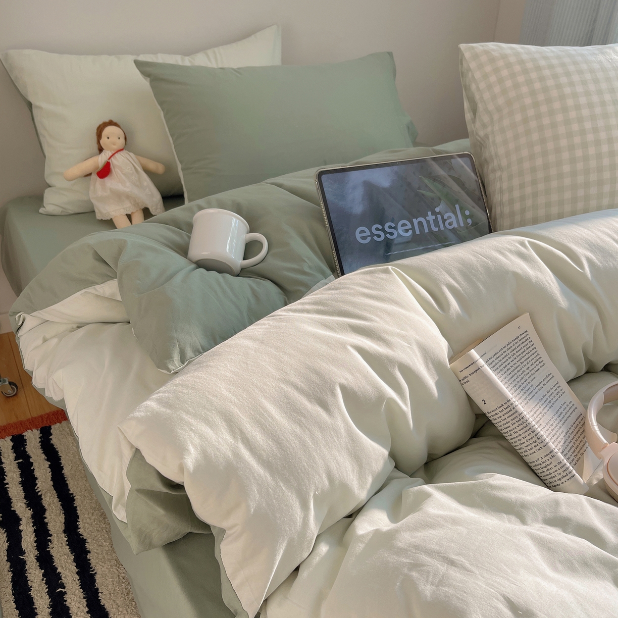 91家纺网 家纺一手货源 找家纺 （总）三朵家纺 2026新款ins风全棉纯色双拼水洗棉四件套极简风系列