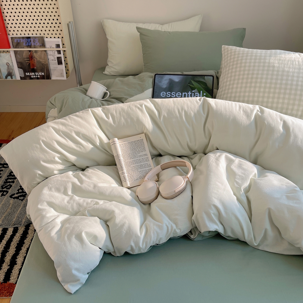 91家纺网 家纺一手货源 找家纺 （总）三朵家纺 2026新款ins风全棉纯色双拼水洗棉四件套极简风系列