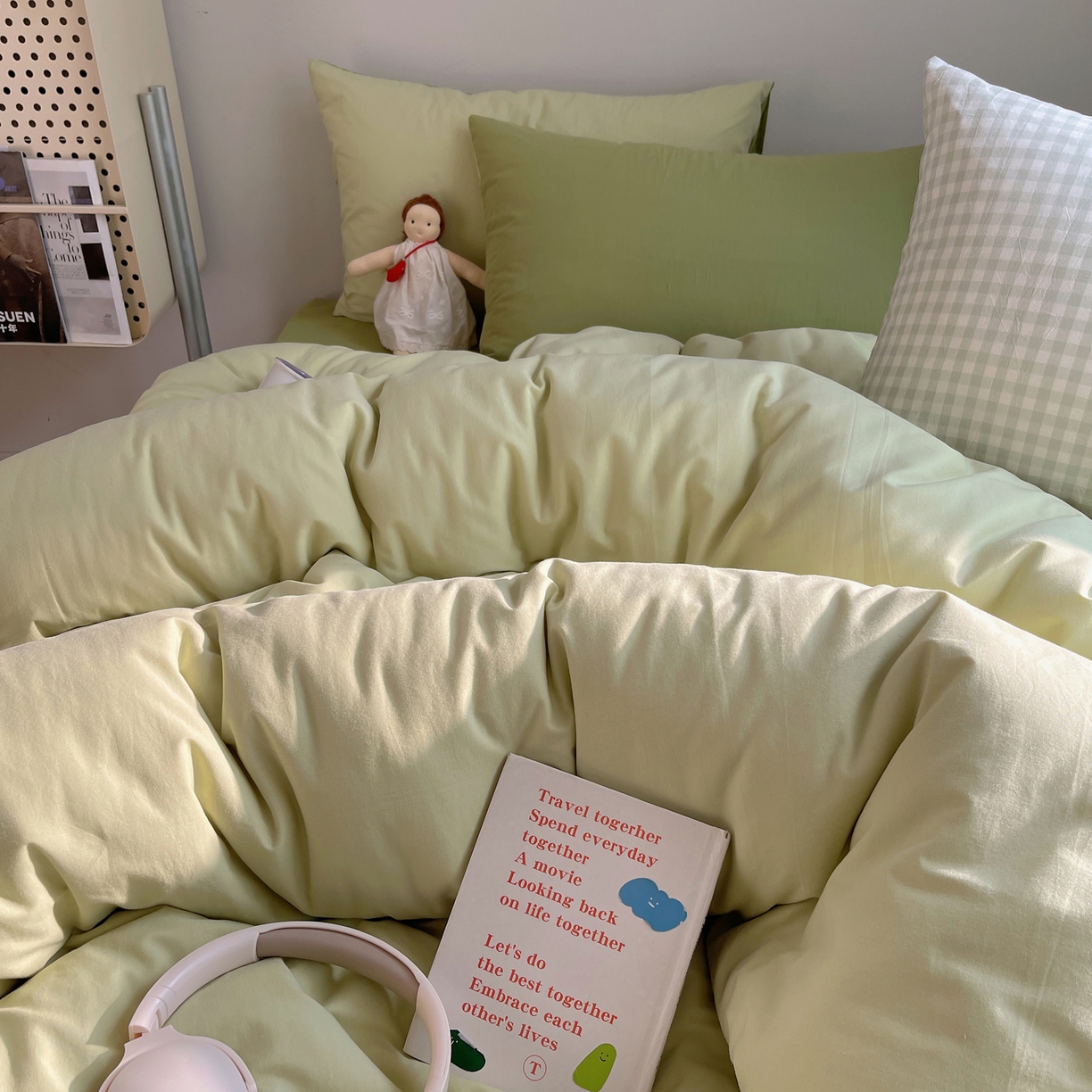 91家纺网 家纺一手货源 找家纺 三朵家纺 2026新款ins风全棉纯色双拼水洗棉四件套极简风系列 抹茶奶黄