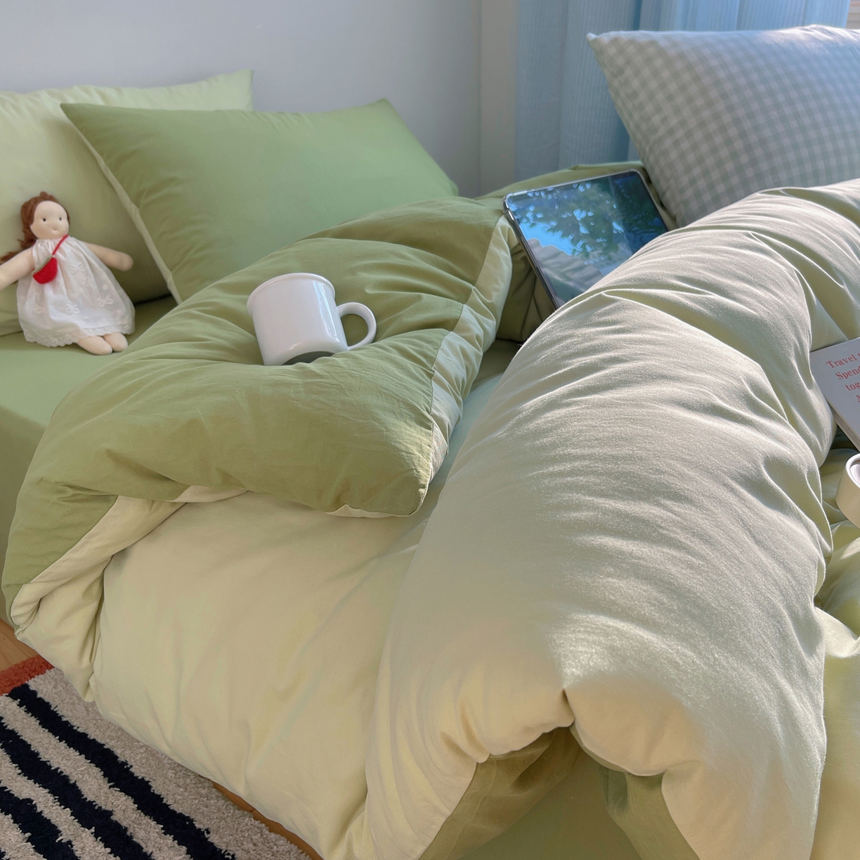91家纺网 家纺一手货源 找家纺 三朵家纺 2026新款ins风全棉纯色双拼水洗棉四件套极简风系列 抹茶奶黄