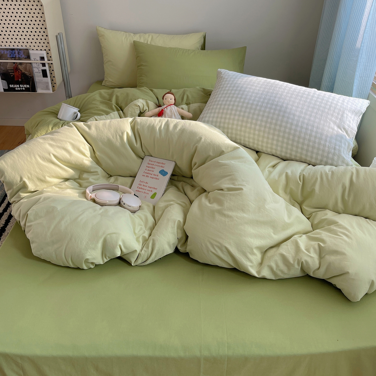 91家纺网 家纺一手货源 找家纺 三朵家纺 2026新款ins风全棉纯色双拼水洗棉四件套极简风系列 抹茶奶黄