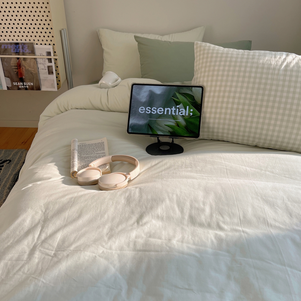 91家纺网 家纺一手货源 找家纺 三朵家纺 2026新款ins风全棉纯色双拼水洗棉四件套极简风系列 风青月白