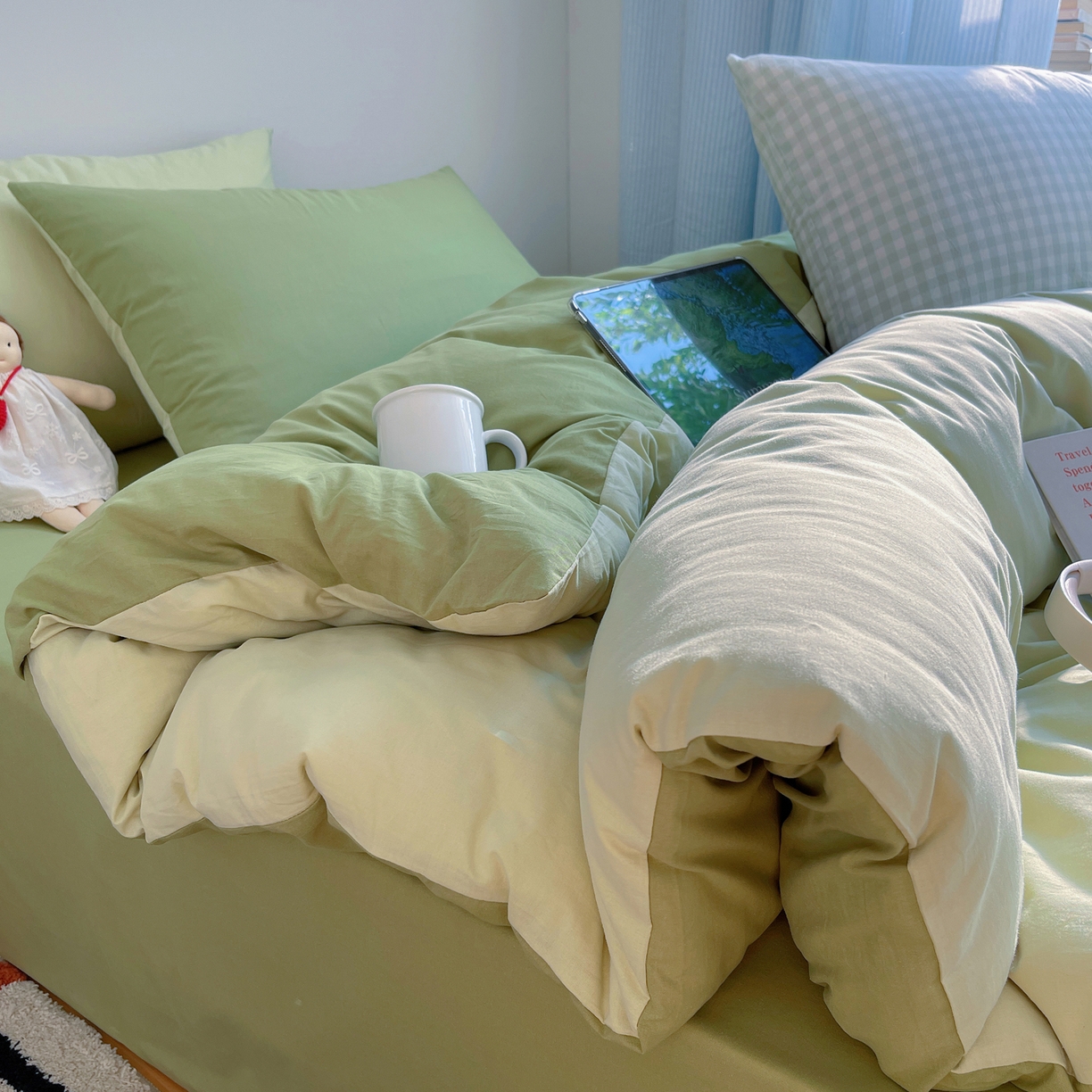 91家纺网 家纺一手货源 找家纺 三朵家纺 2026新款ins风全棉纯色双拼水洗棉四件套极简风系列 抹茶奶黄